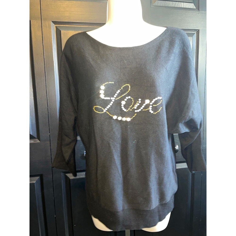 Love Scarlett Black Knit Pullover Sweater Rhinestone Love Heart Boat Neck M